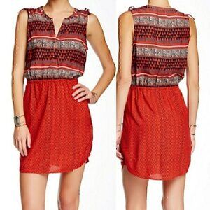 LUCKY BRAND Border Tie Dress Red Navy Multi Border Print Geo Striped Mini Boho M